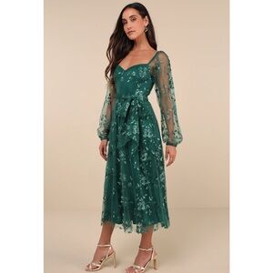 Lulus Darling Charisma Emerald Mesh Embroidered Long Sleeve Midi Dress NWT XS
